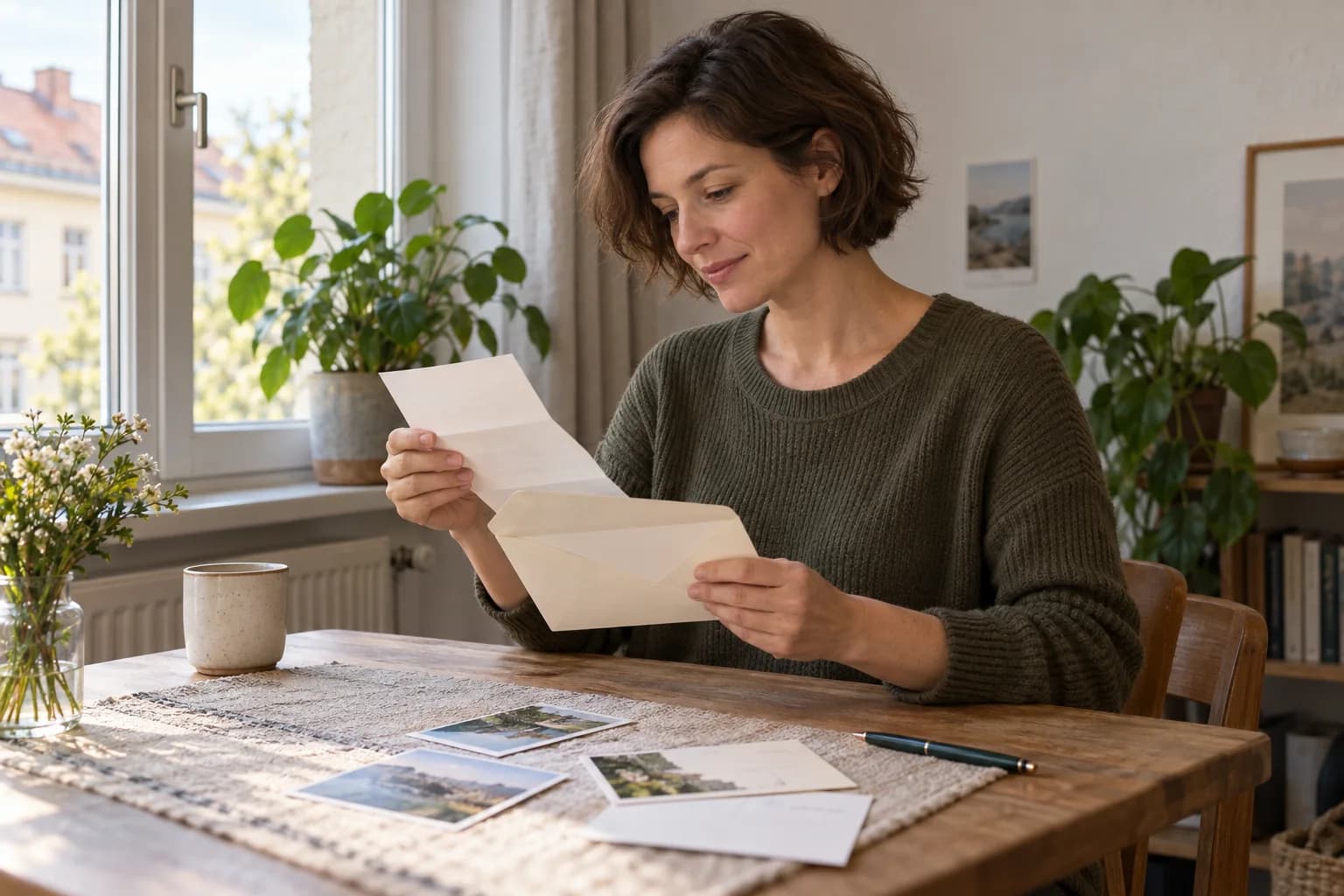 Eine Frau liest am Fenster einen persönlichen Brief