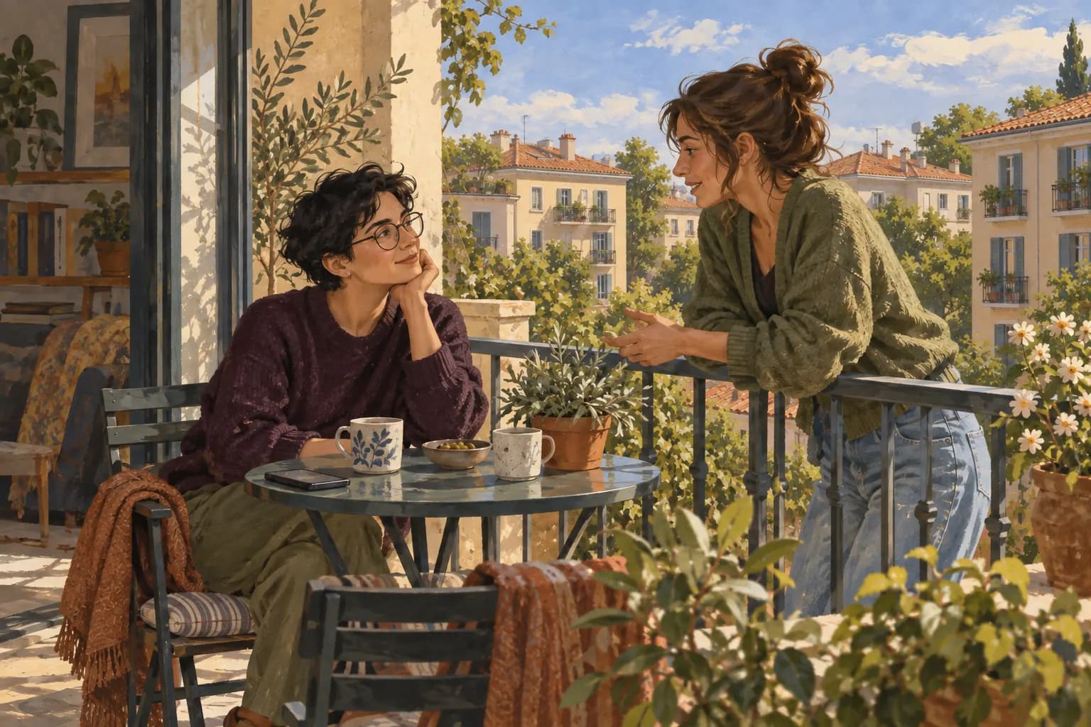 Two adults talking on a sunny balcony with a phone set aside on the table