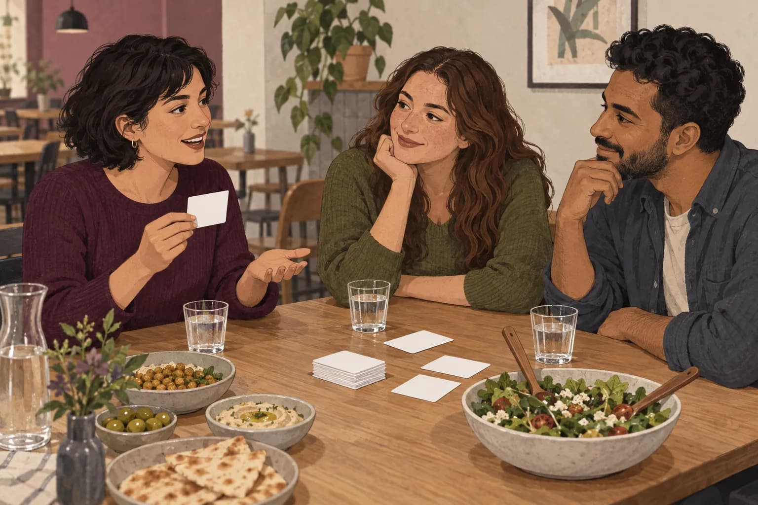 Three adults talking over conversation cards and a shared meal at a community table