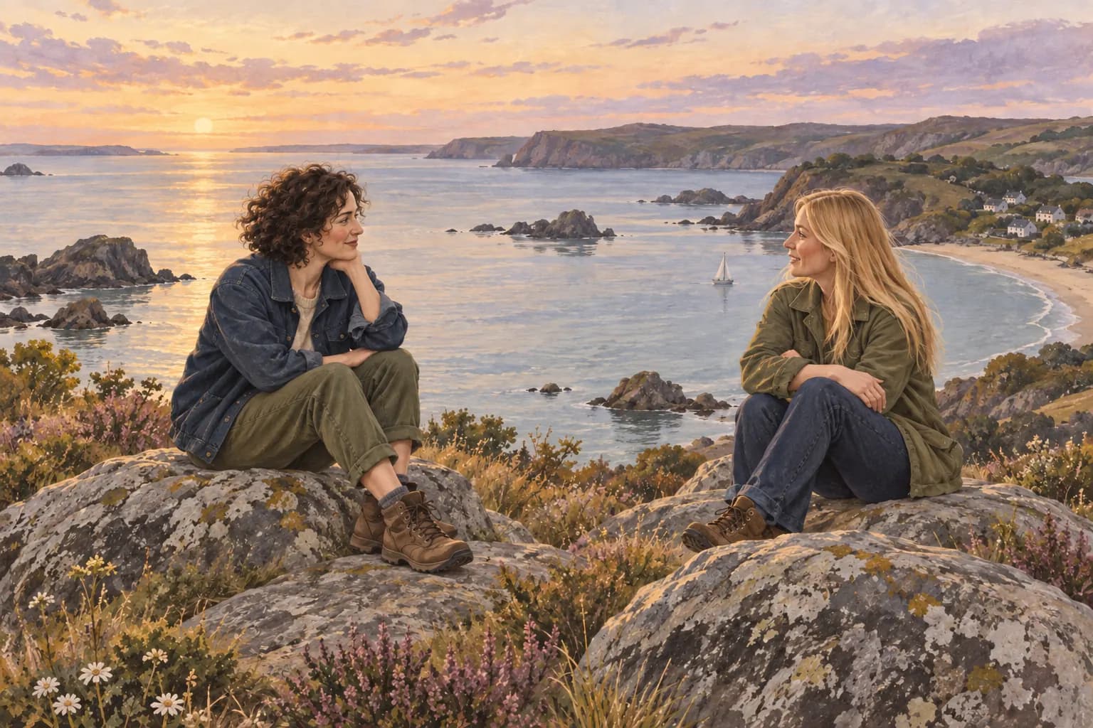 Two women talking while sitting on rocks overlooking a quiet seaside bay
