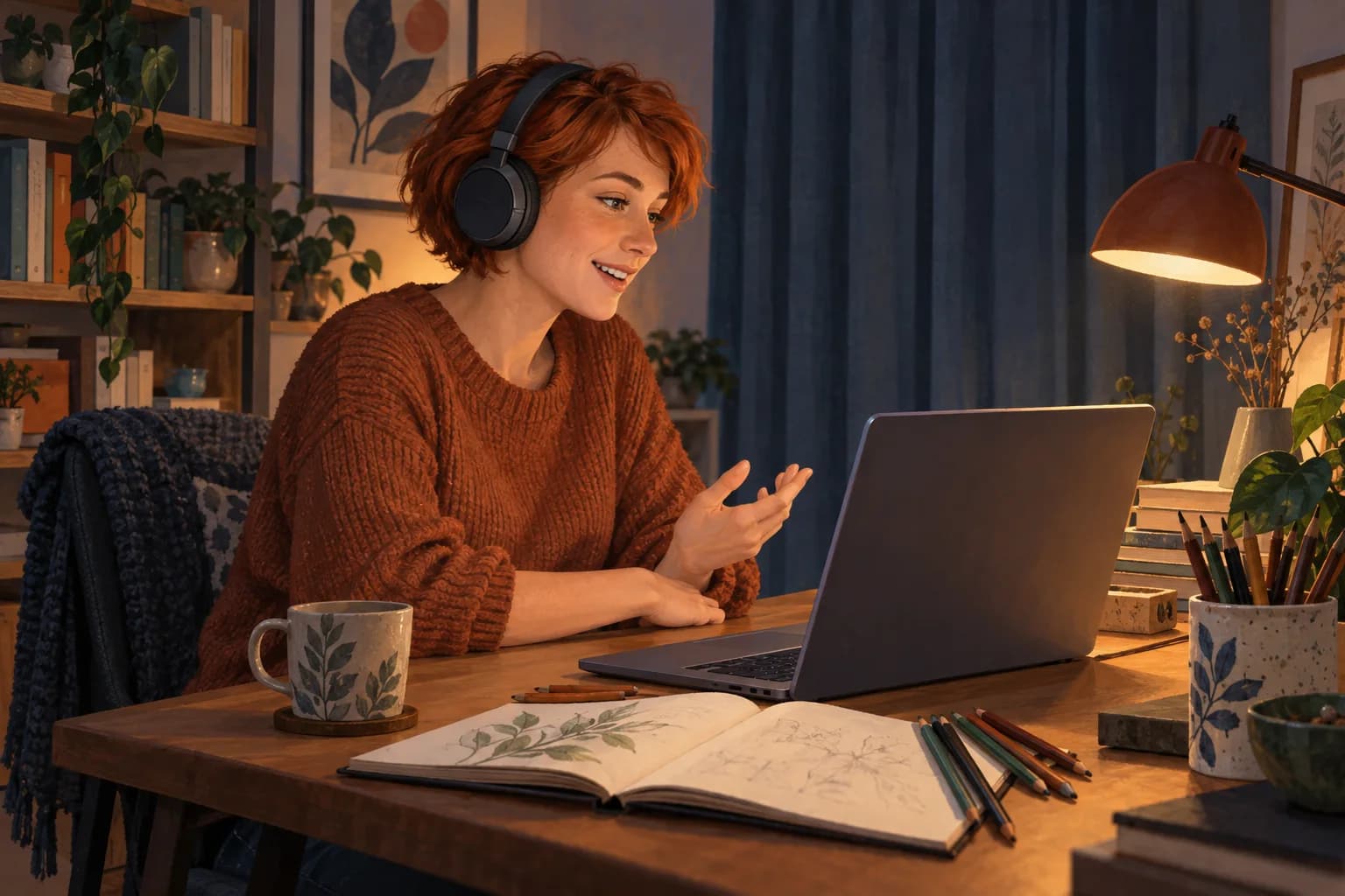 A woman with headphones talks at her laptop beside an open sketchbook.