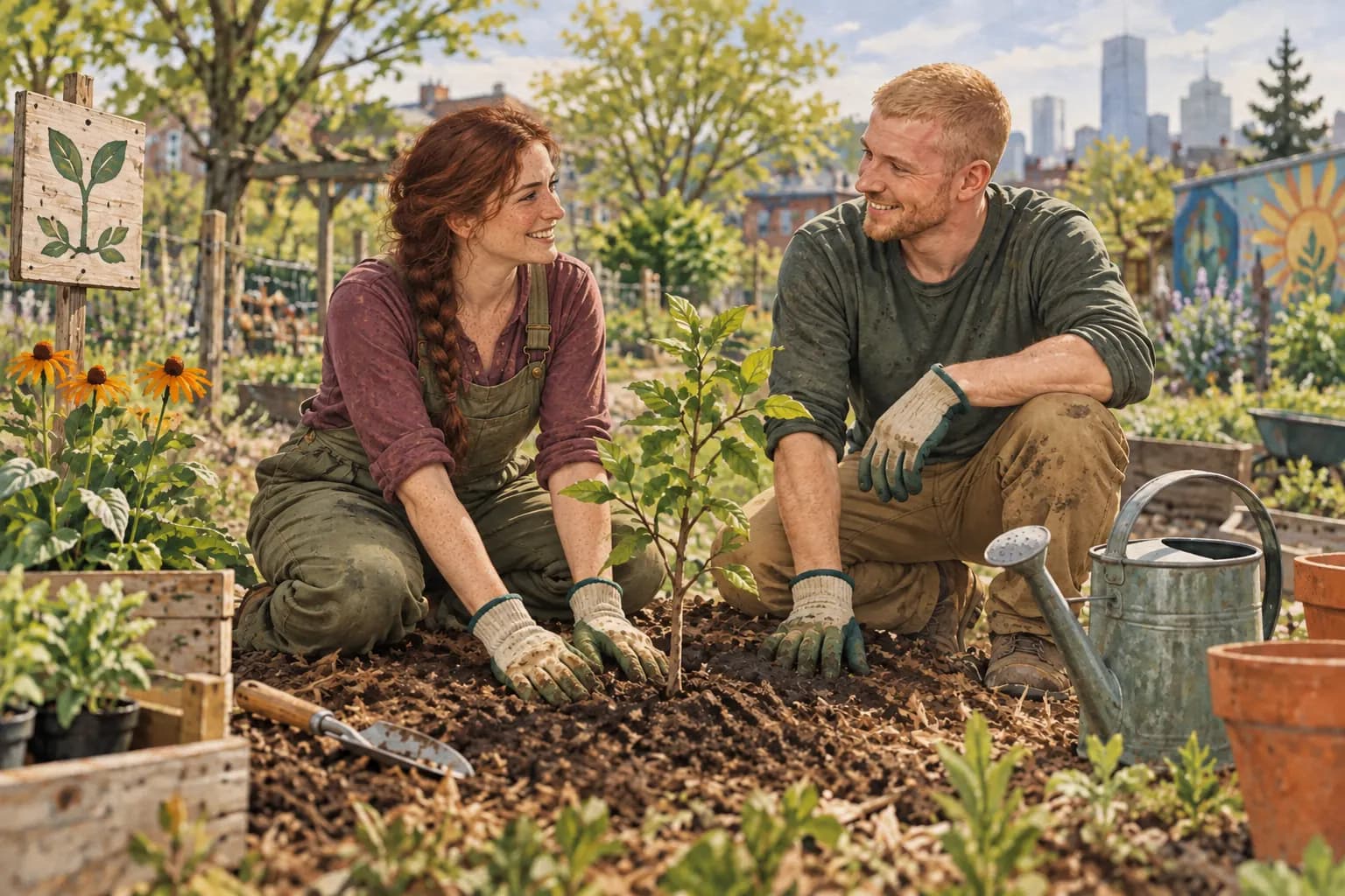 Two volunteers talking while planting a sapling in a community garden
