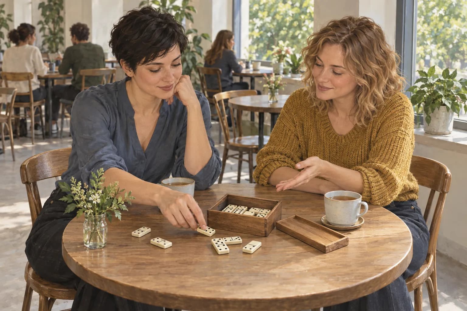 Two women choose domino tiles from a wooden box at a small café table.