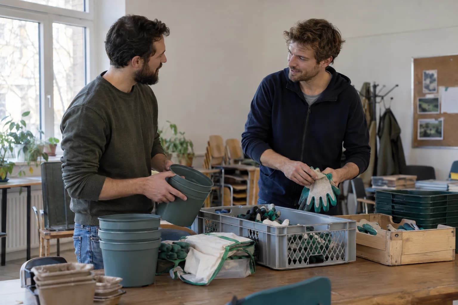 Zwei Männer sortieren Handschuhe und Behälter für eine gemeinsame Nachbarschaftsaktion.