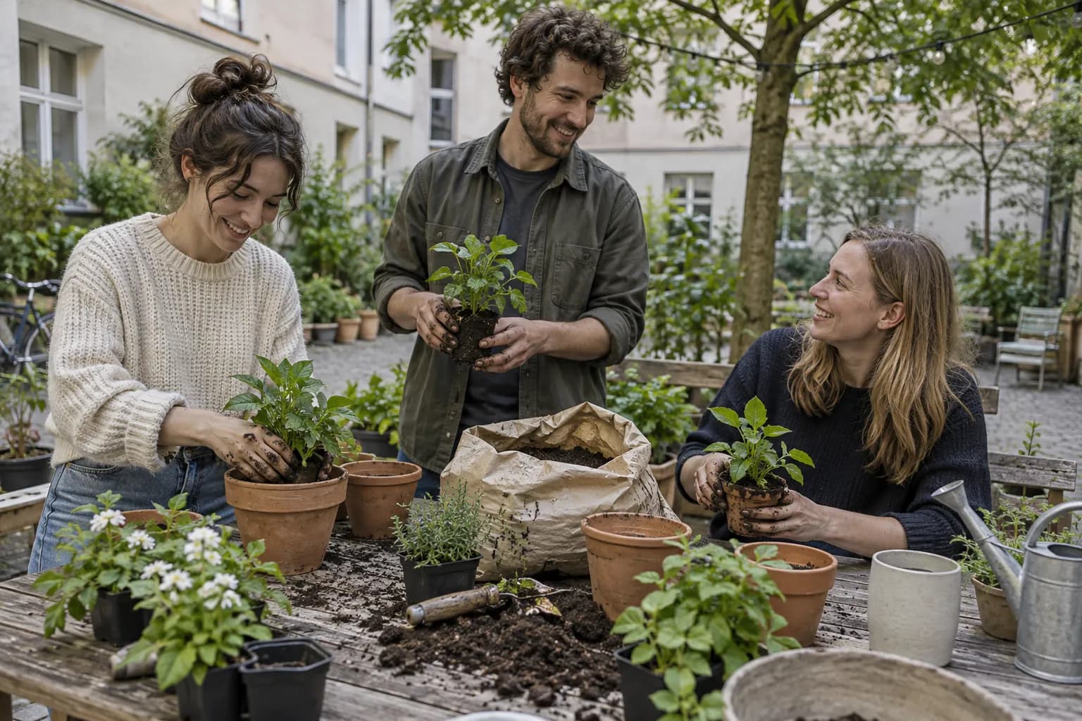 Drei Erwachsene pflanzen gemeinsam kleine Pflanzen an einem Tisch im Hof ein.