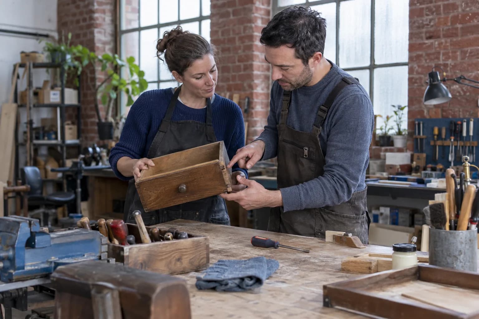 Zwei Erwachsene besprechen die Reparatur einer Holzschublade in einer Werkstatt.