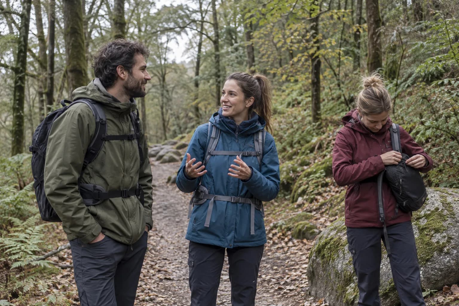 Drei Erwachsene machen auf einem Waldweg eine Pause und unterhalten sich.