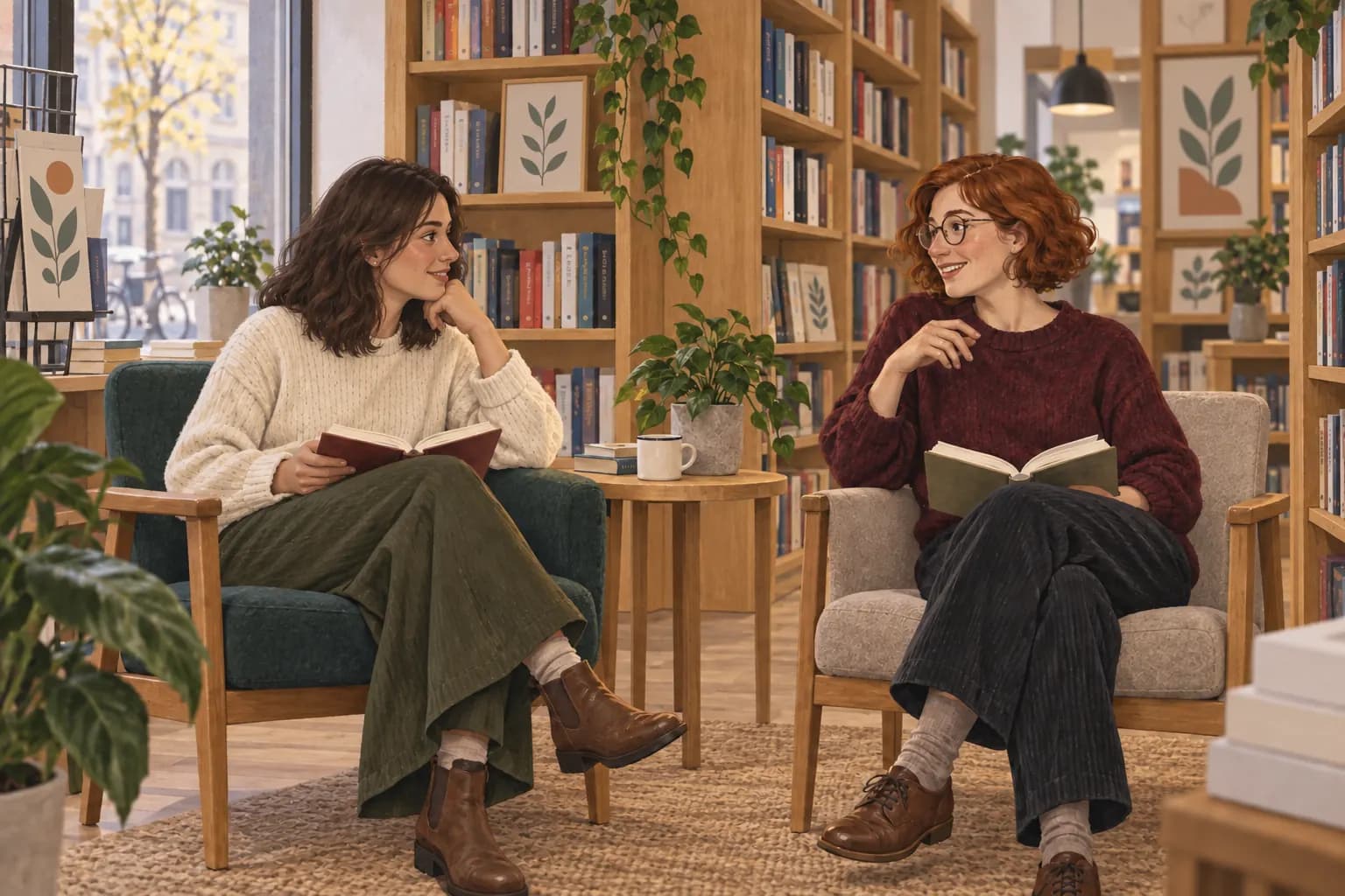 Two women talking with open books in their laps in a quiet bookshop alcove