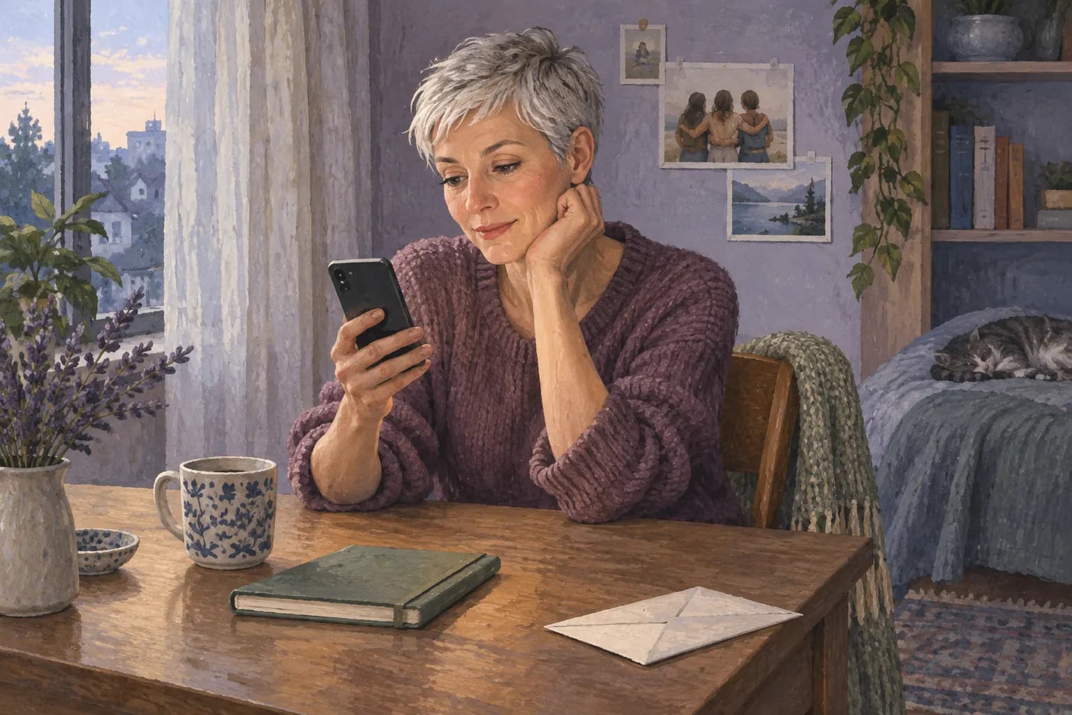 A woman looks at her smartphone at a desk beside a partially drawn curtain