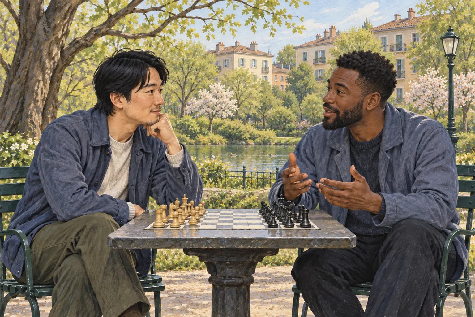 Two men having a conversation at an outdoor chess table in a park