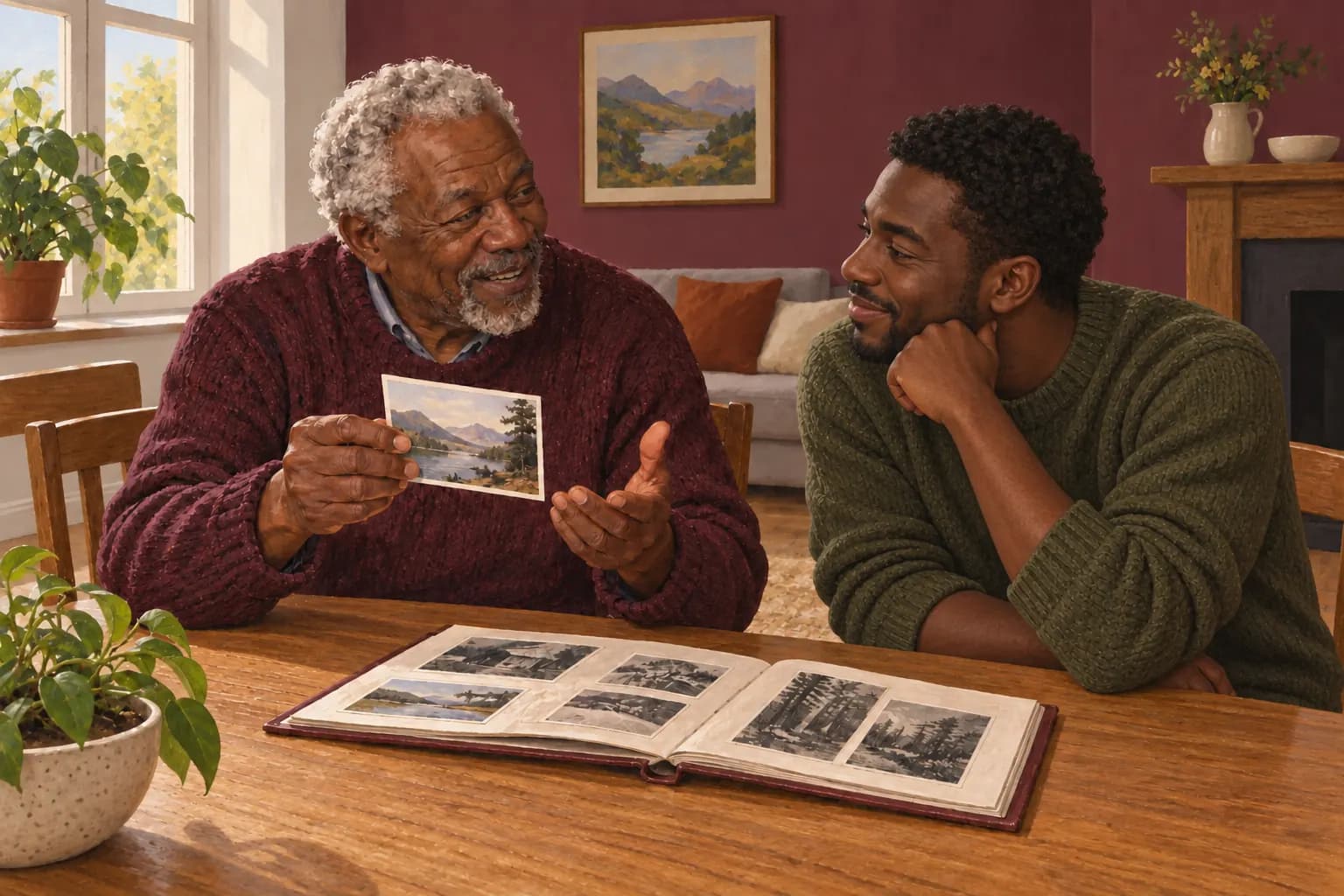 An older man shares a landscape photograph with a younger man over an open photo album