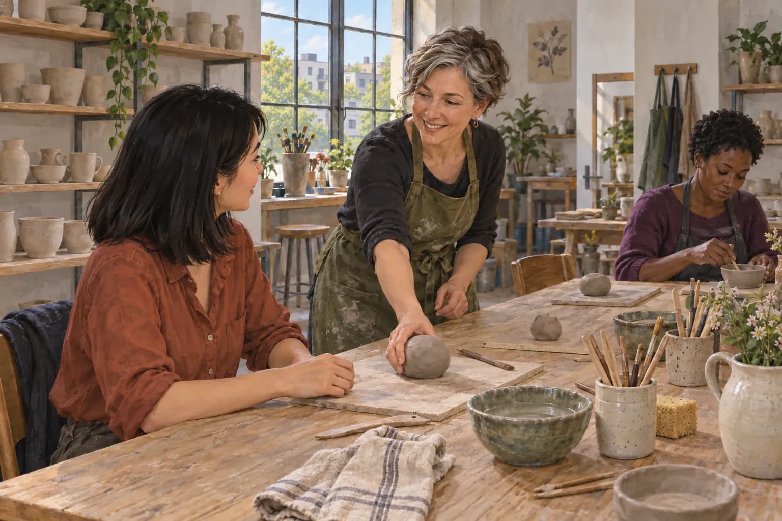 A woman welcomes a newcomer with clay at a shared pottery table while another woman shapes a bowl.