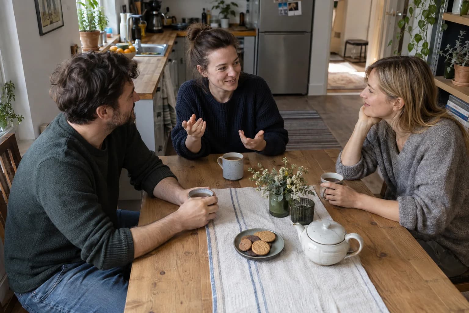 Three adults talk over tea around a kitchen table.