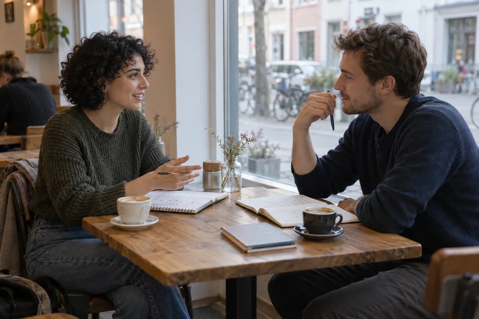 Two adults talk over notebooks and coffee at a neighborhood café.