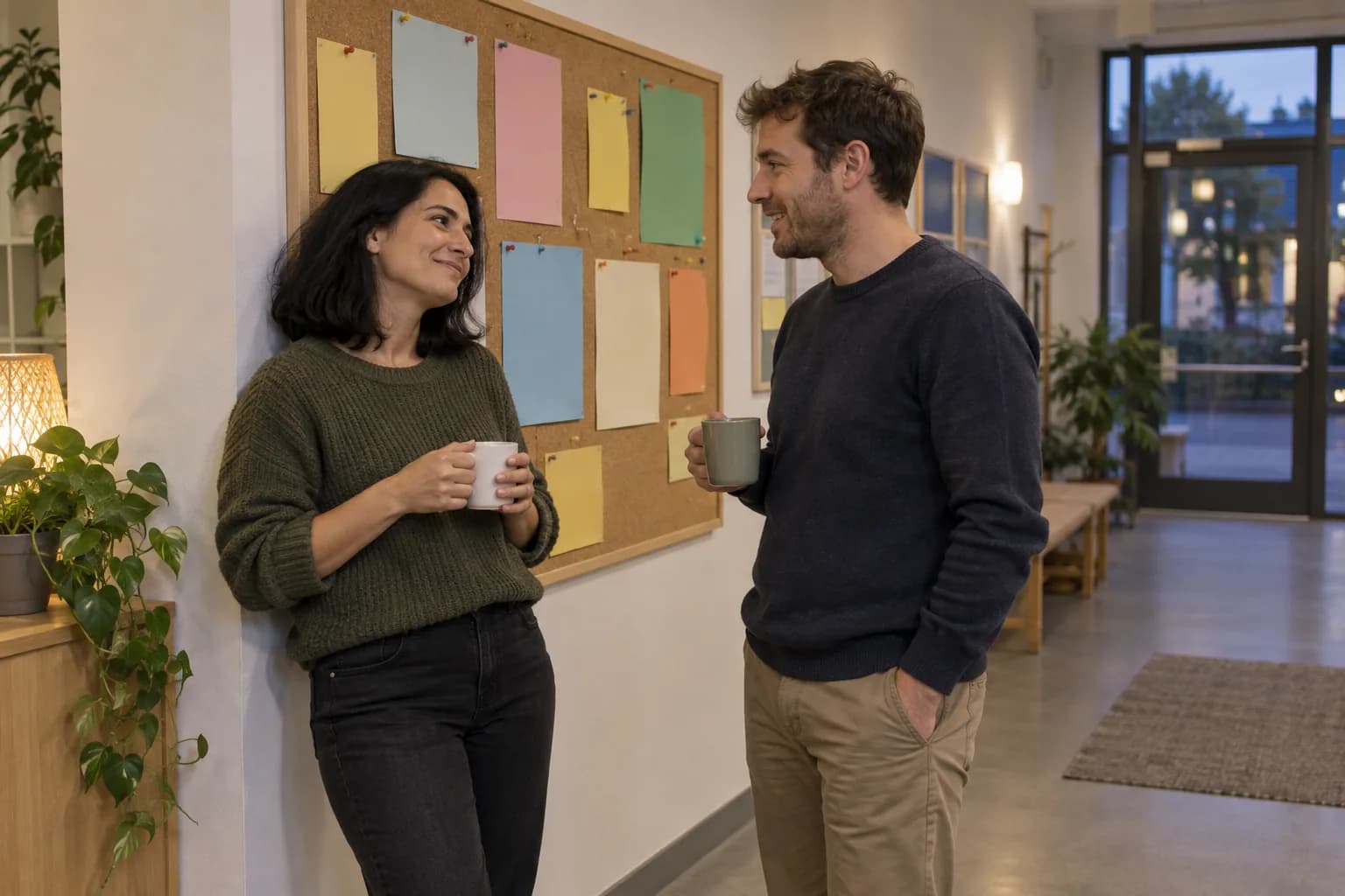 Two adults talk with mugs of tea in a community centre.