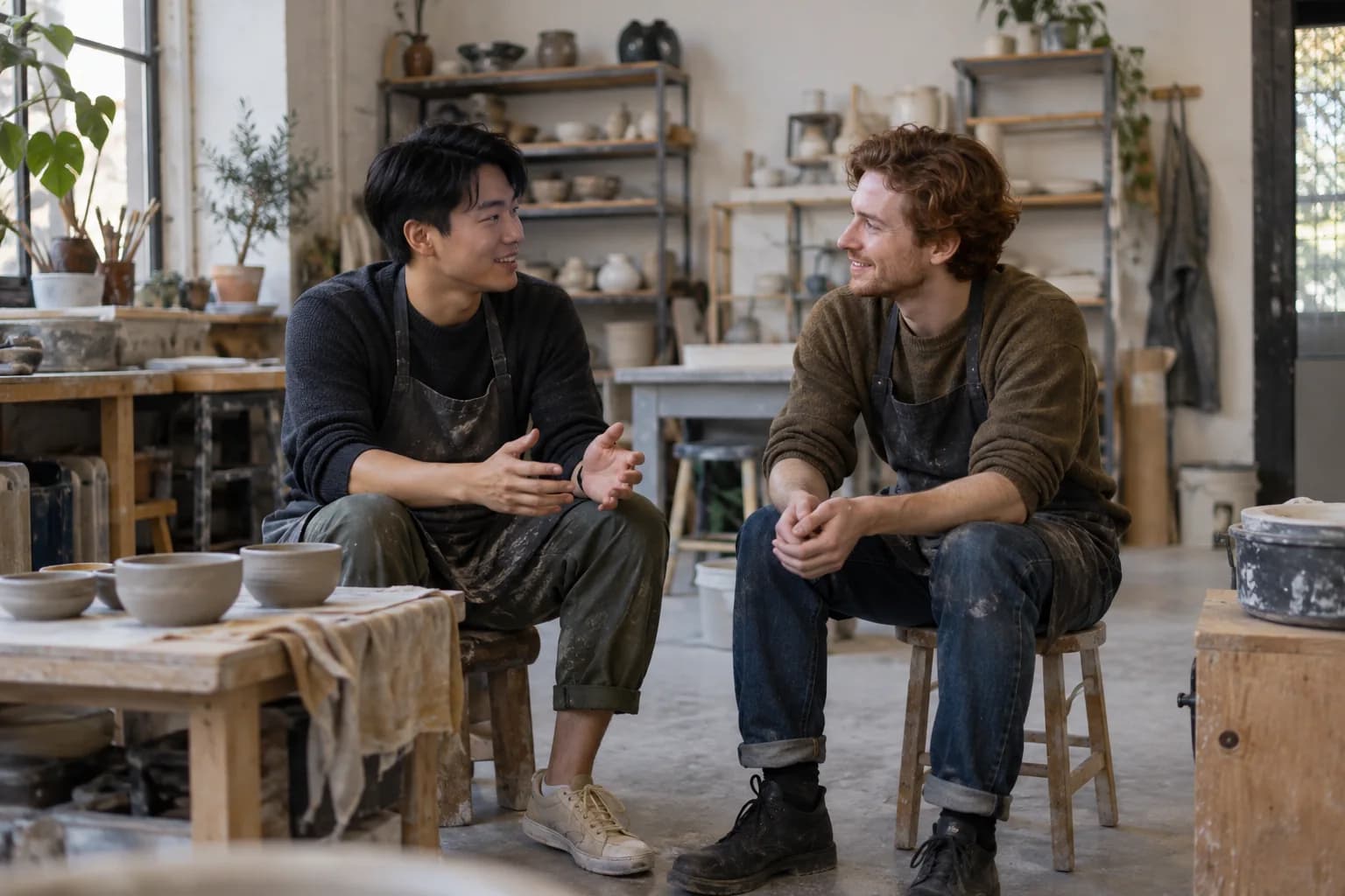 Two adults talk beside their clay bowls after a pottery session.