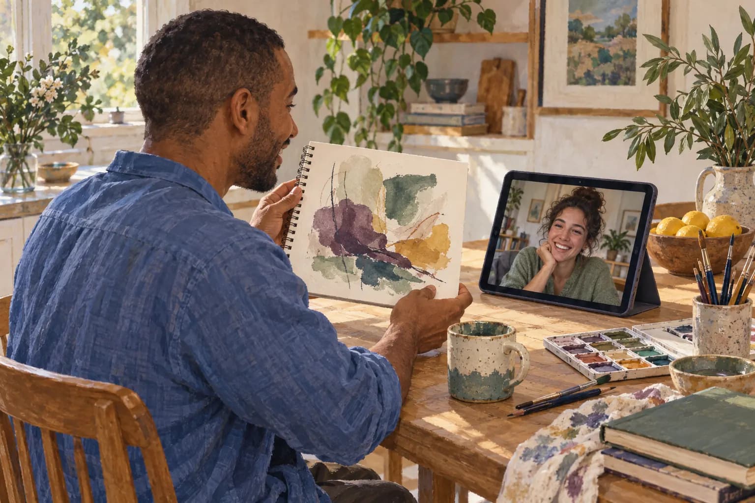 A man shows a watercolor sketch to a friend on a tablet video call