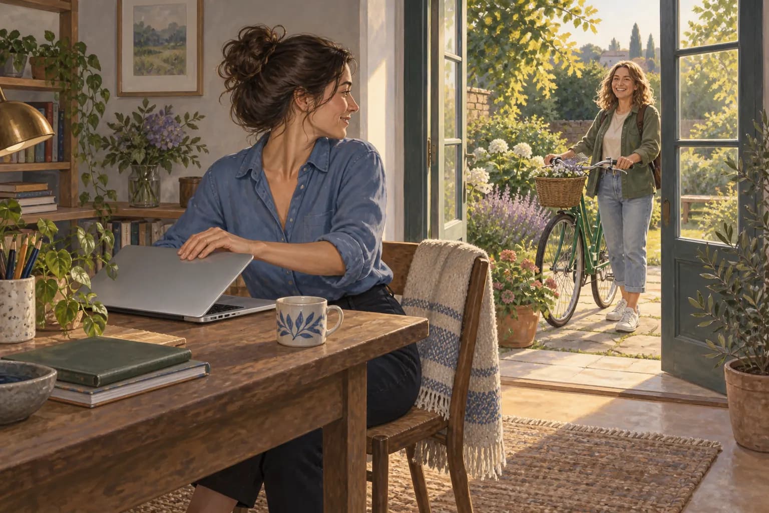 A woman closes her laptop as a friend waits with a bicycle outside the garden door