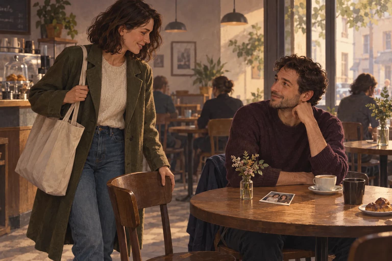 Two friends meet again at a café table with an old photograph between them