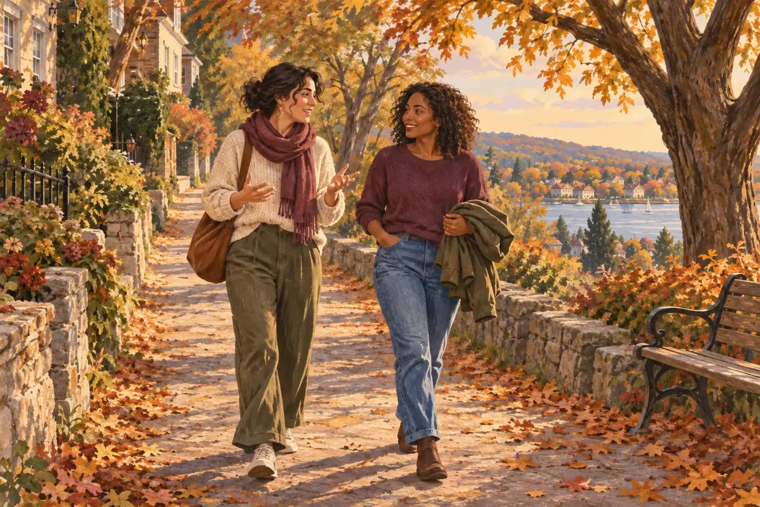 Two adults talking as they walk along a tree-lined path in autumn