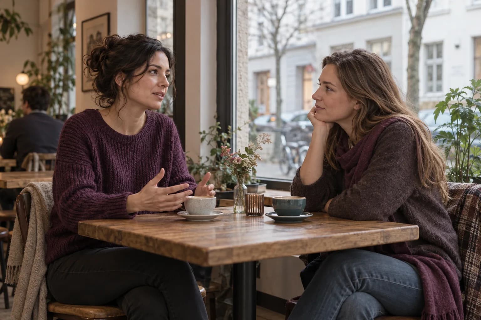 Two adults making time for a quiet conversation