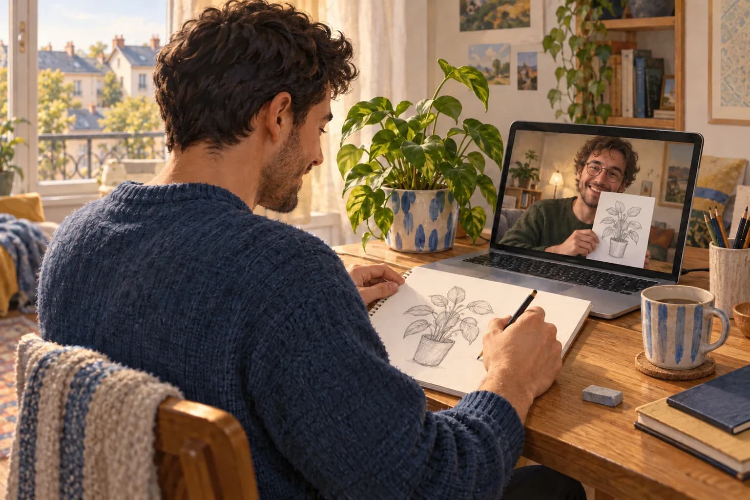 A man sketches a plant while a friend holds up his drawing on a laptop video call.
