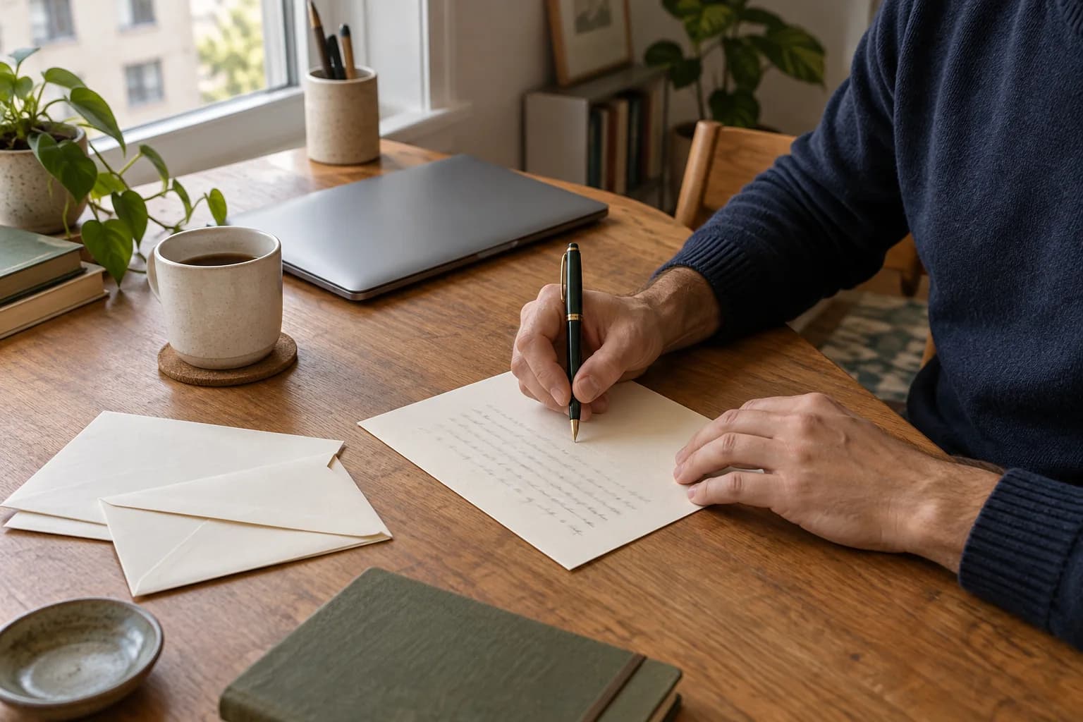 An adult writing a personal letter at a table