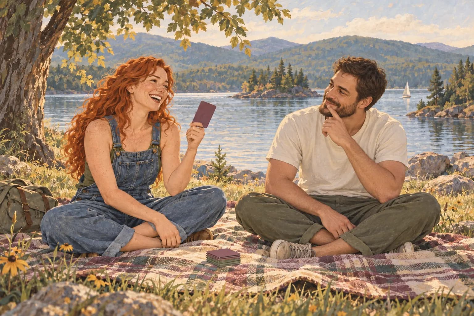 Two friends laughing over a card game on a picnic blanket beside a lake