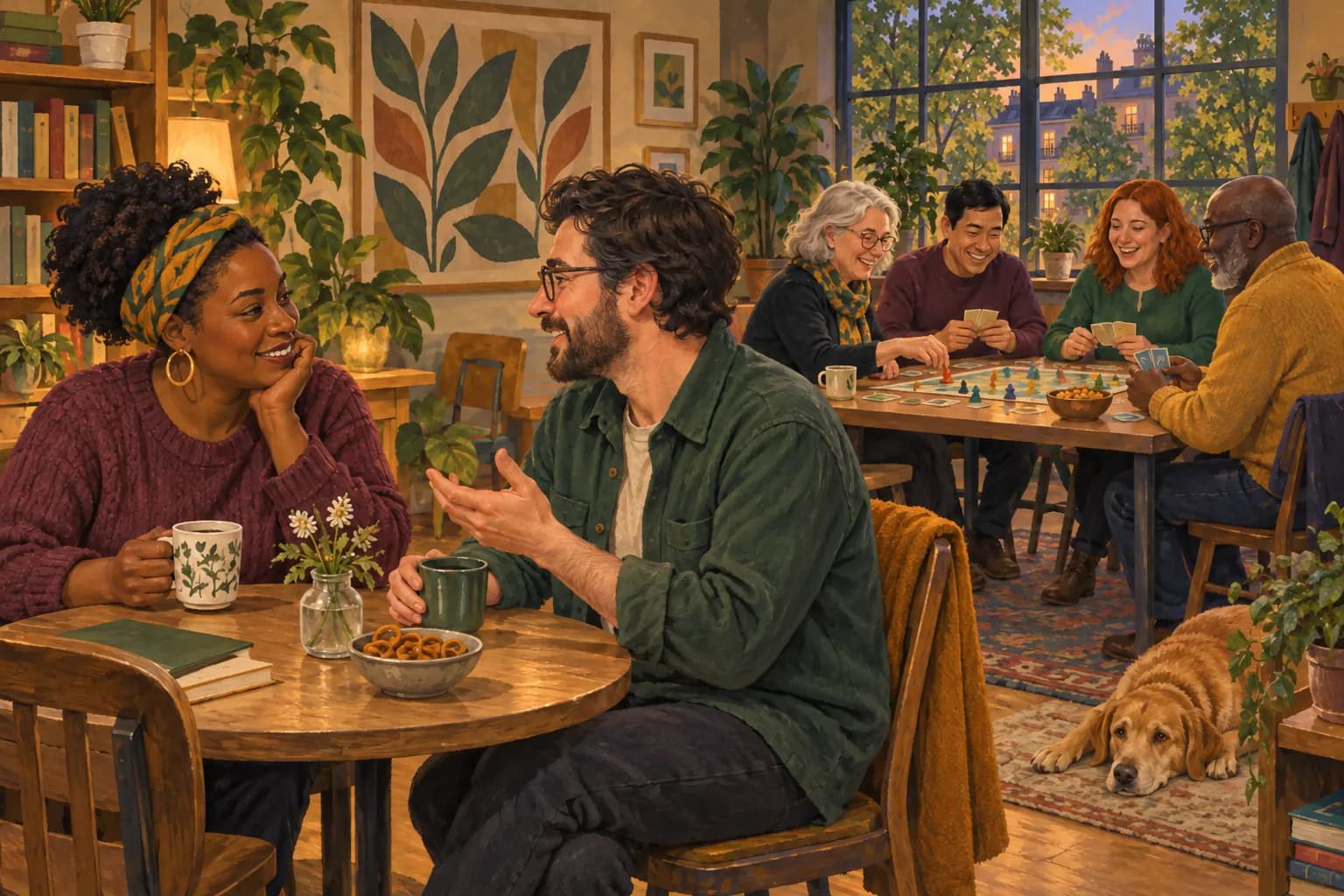 Two adults chatting at a small table while a group plays a board game nearby