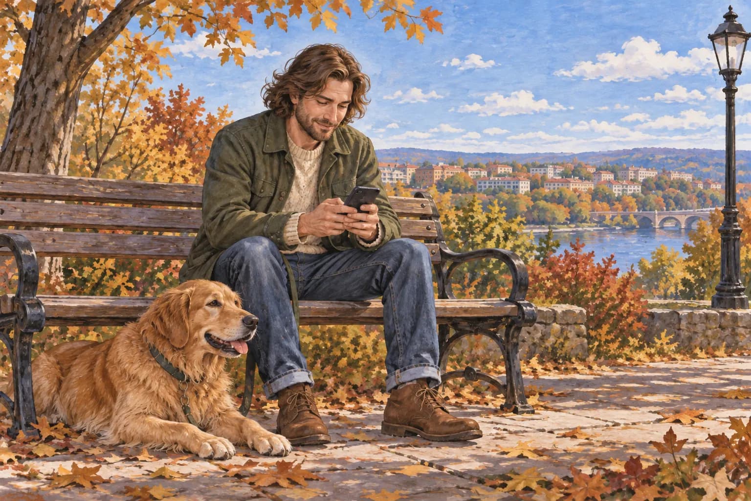 A man writes a message on his phone on a park bench with his dog beside him
