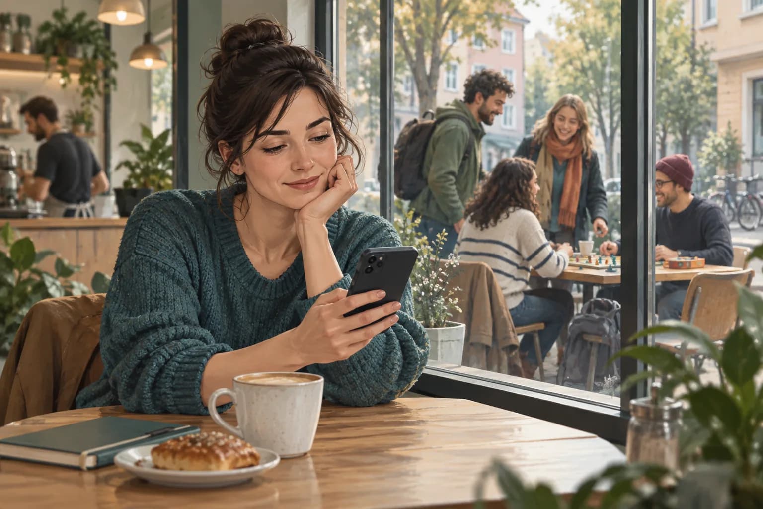 Eine Frau schaut im Café auf ihr Smartphone, während hinter dem Fenster eine Gruppe ein Brettspiel spielt.
