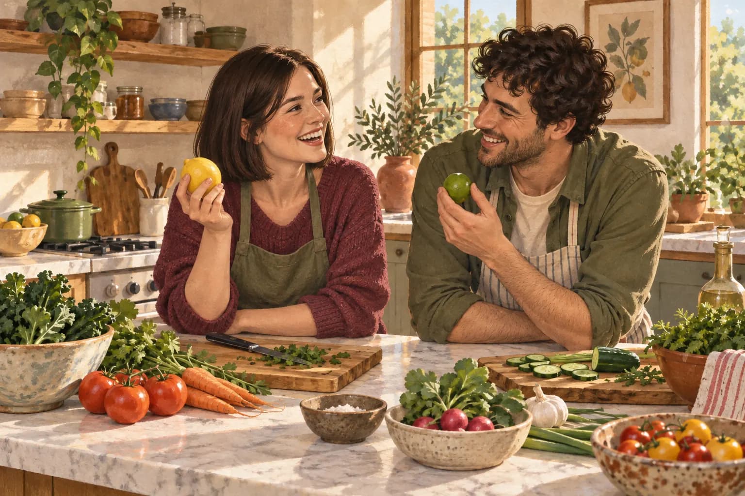 Zwei Erwachsene lachen beim gemeinsamen Kochen und vergleichen eine Zitrone mit einer Limette.