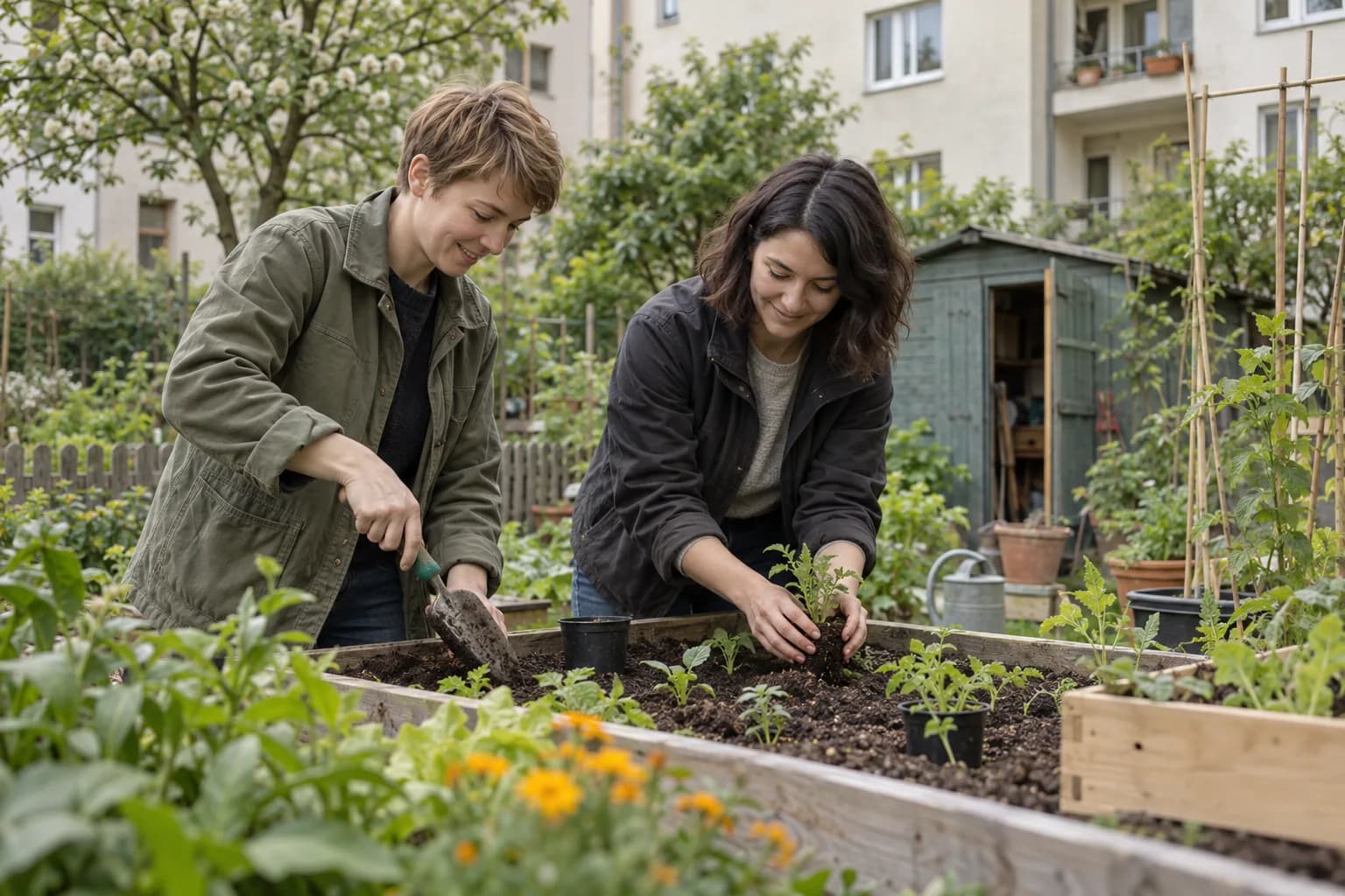 Zwei Frauen pflanzen gemeinsam Setzlinge in ein Hochbeet.