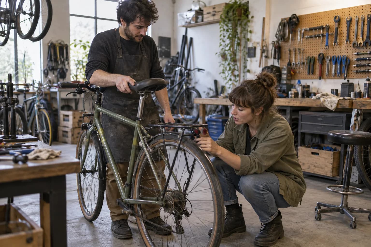 Zwei Erwachsene besprechen die Reparatur einer Fahrradbremse in einer Werkstatt.