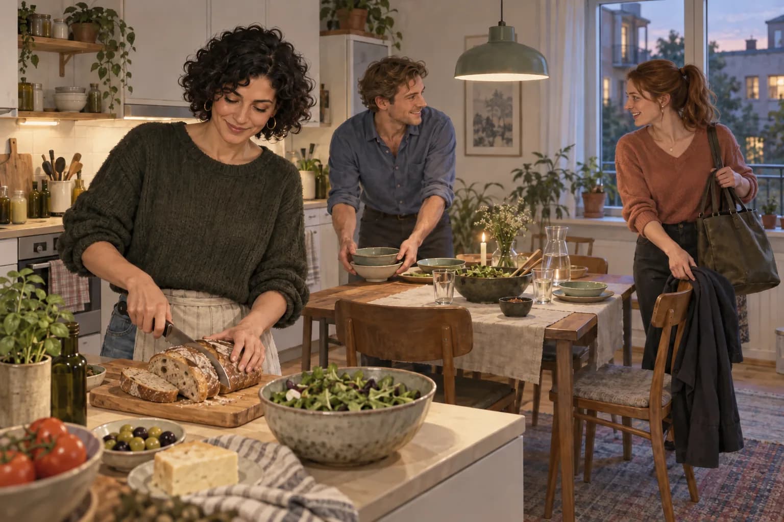 Drei Erwachsene bereiten in einer Küche ein gemeinsames Abendessen vor.