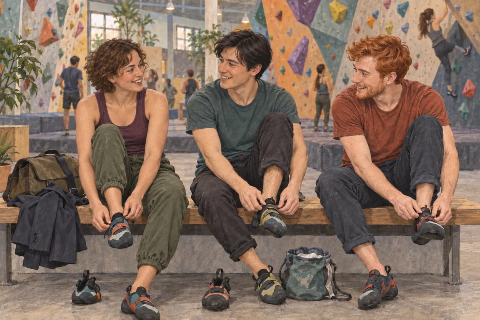 Drei junge Erwachsene ziehen in einer Boulderhalle ihre Kletterschuhe an und unterhalten sich.