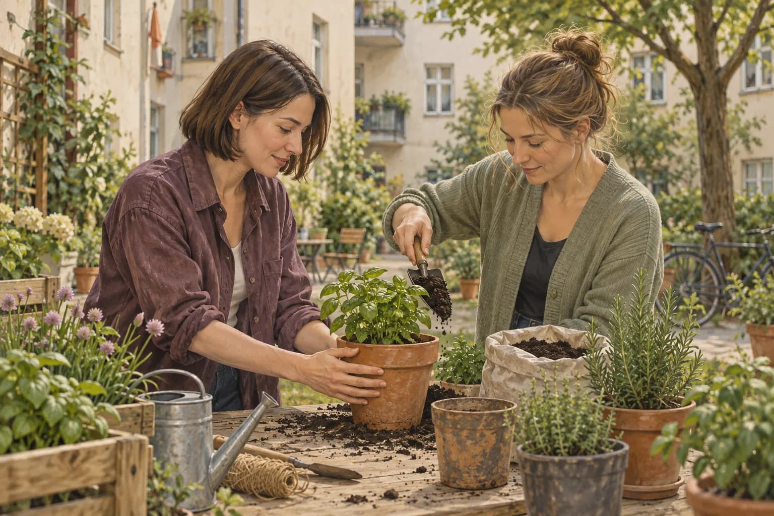 Zwei Frauen topfen gemeinsam Kräuter an einem Gartentisch im Innenhof um.
