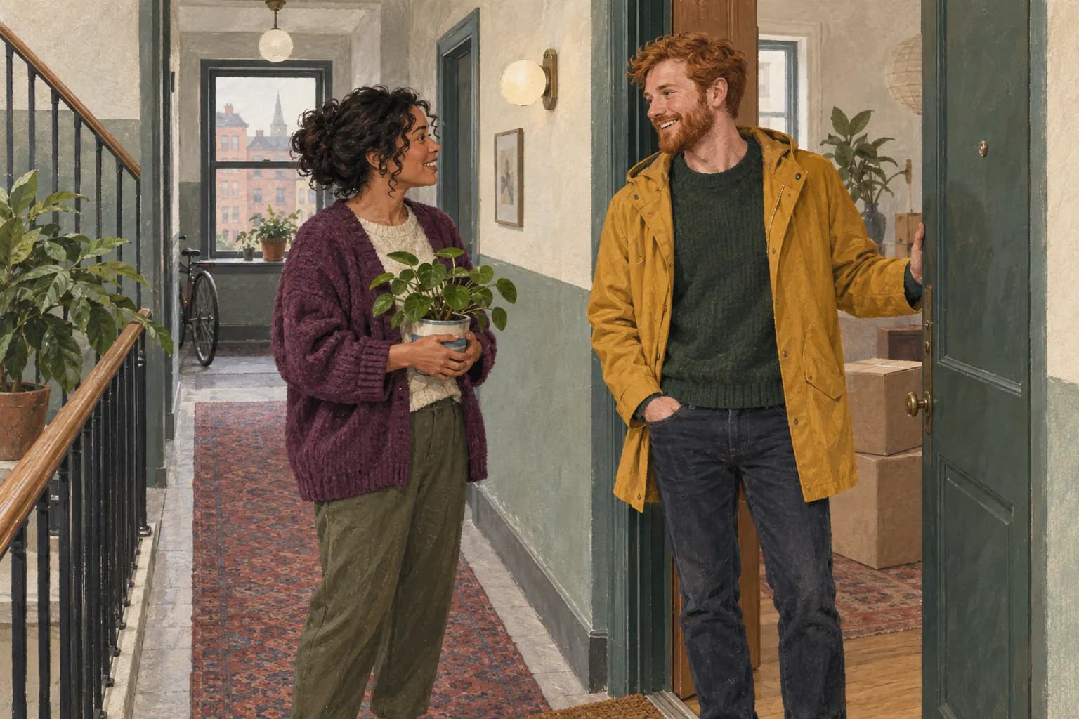A new resident chats with a neighbor holding a plant, with moving boxes behind him