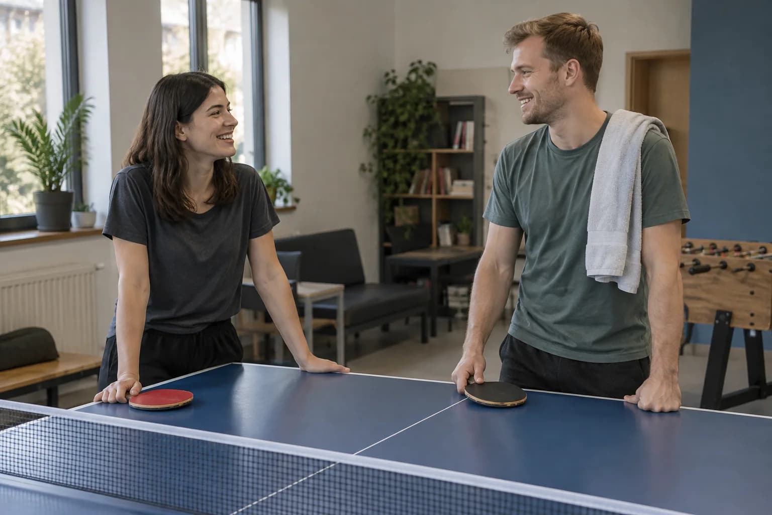 Two adults talk beside a table tennis table after a game.