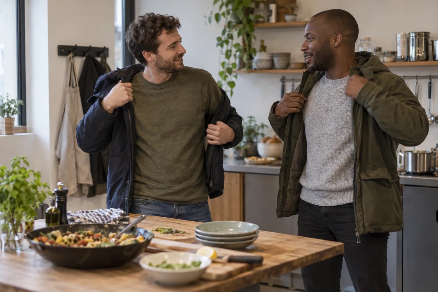 Two men talk as they put on jackets after a community cooking session.