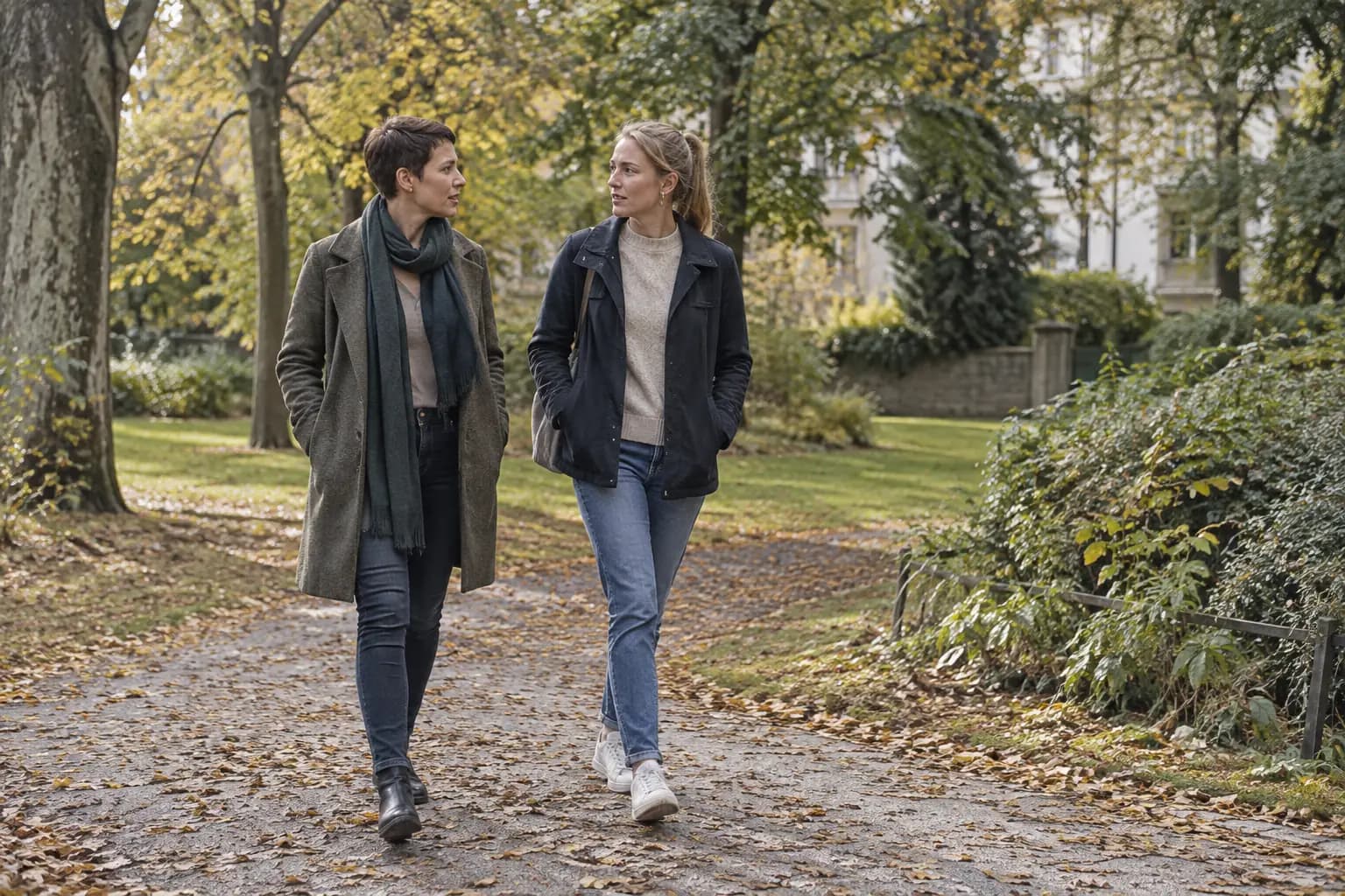 Two women walk together and talk along a quiet park path.